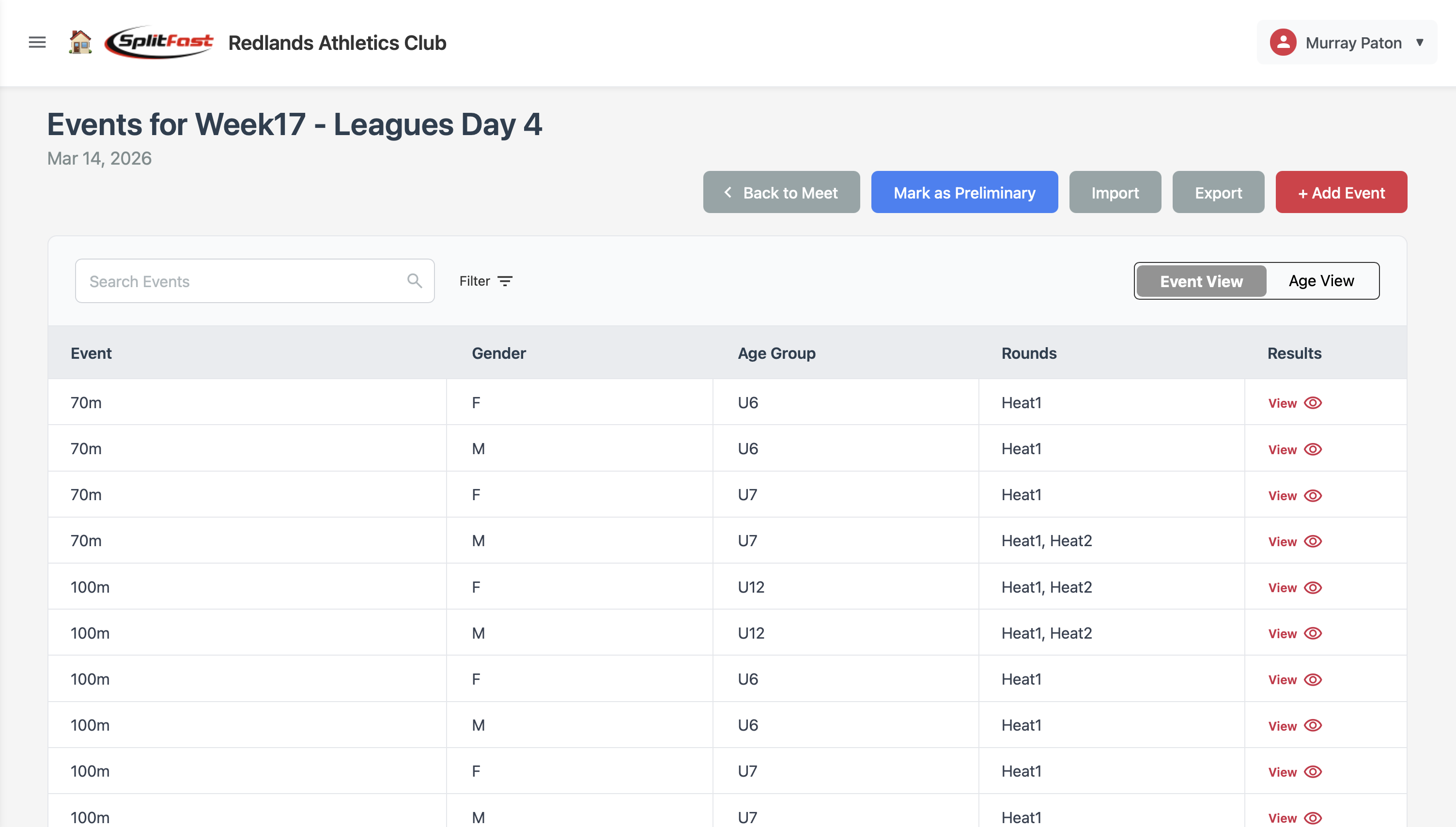 SplitFast Results Portal Event Results view by event